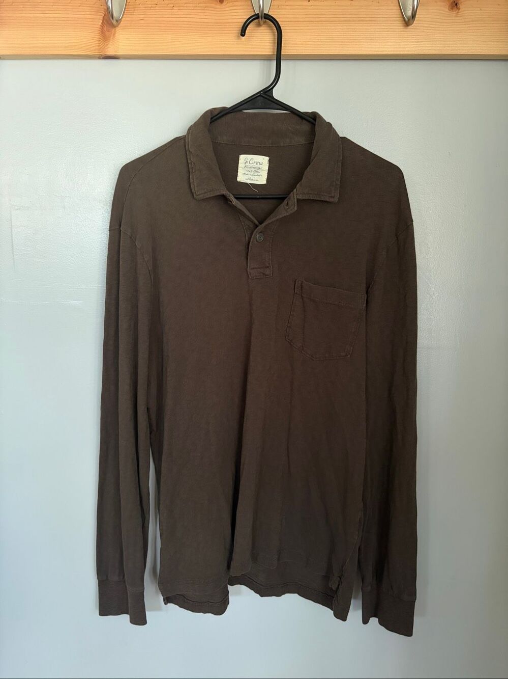 J.Crew Mens Dark Brown Long Sleeve Polo Shirt 100% Cotton Pocket